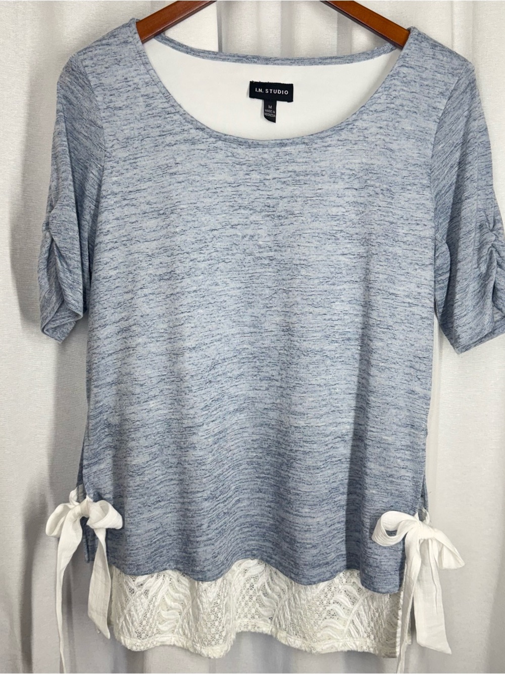 I.N. Studio Blouse Top Light Blue Knit  White Lace Hem Womens Shirt Short Sleeve